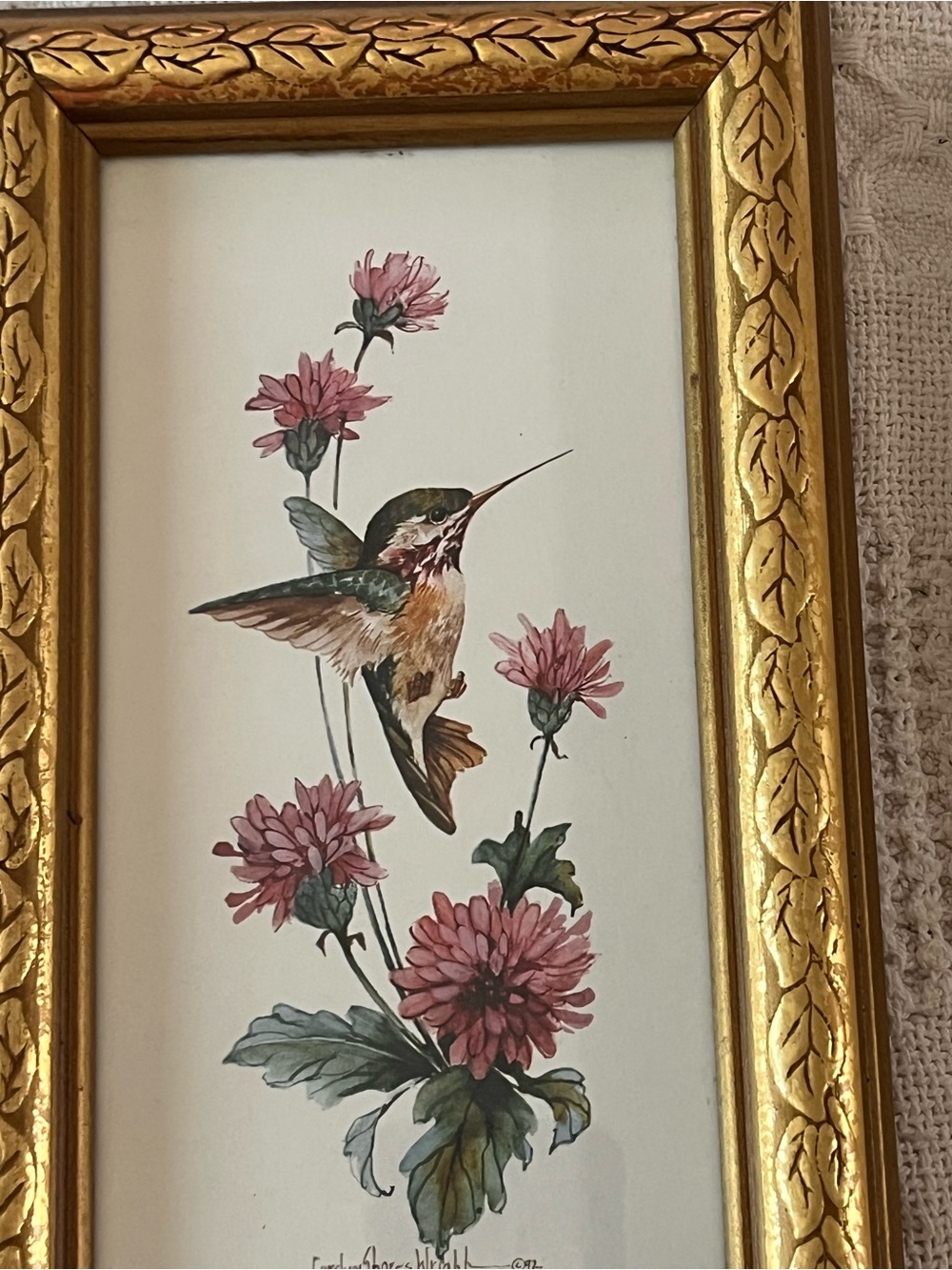 Gold Framed Hummingbird & Floral Wall Art - Classic Gold Accent ~ Set of Two